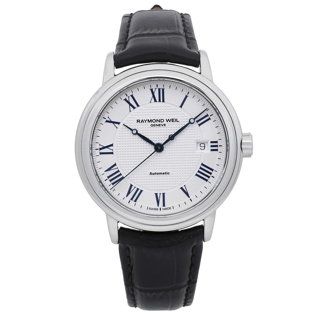 An image of a Raymond Weil men's wristwatch in a full frontal view. The watch features a round stainless steel case with a silver tapisserie-patterned dial and steel bezel. It includes a date indicator and Roman numerals. The band is made of black leather, and the watch is in excellent condition as a display model.