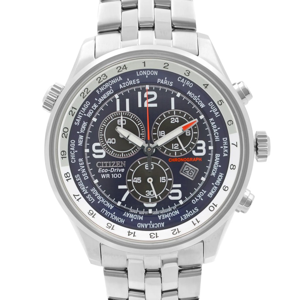 Up Close Front Facing Picture Of Citizen AT0361-57L Stainless Steel Watch Pre Owned Condition