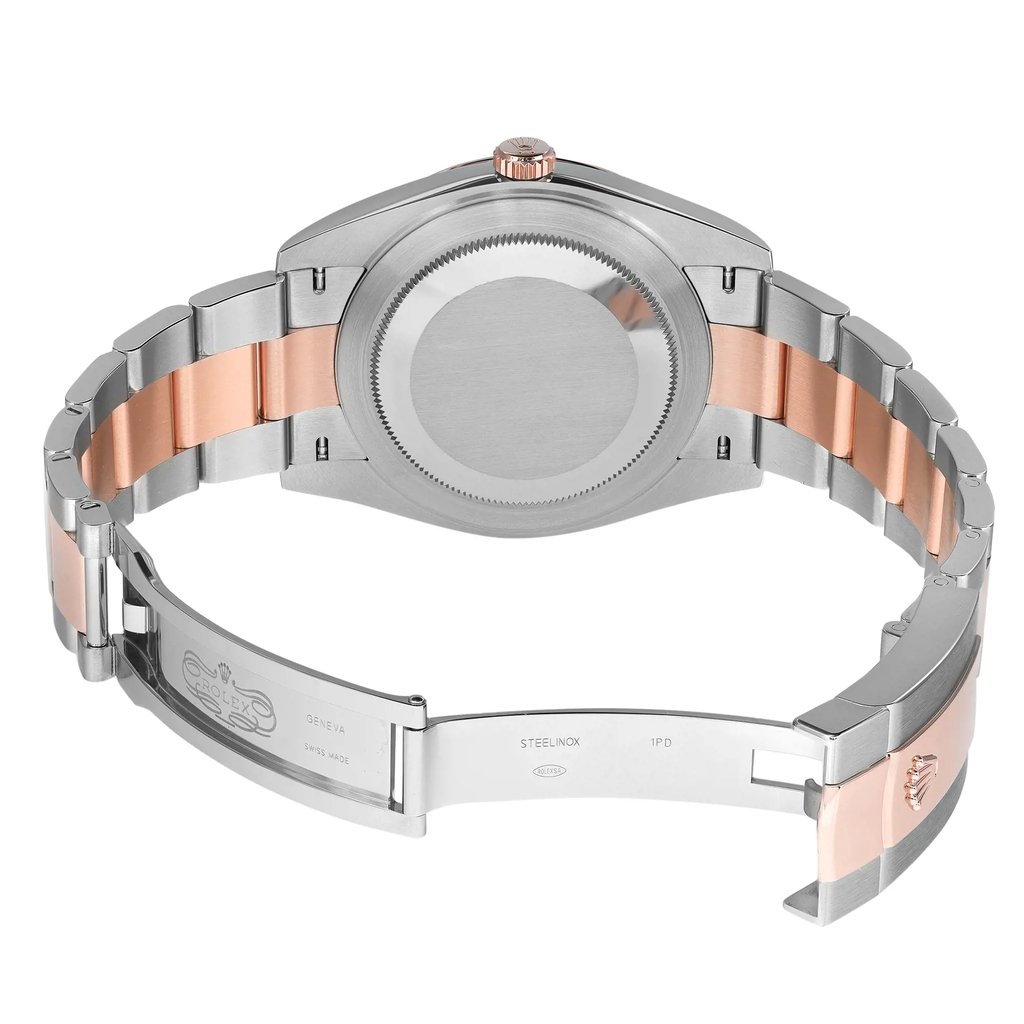 Back View Of Solid Back Case And Open Rose Gold,Stainless Steel,Gold Band Of Rolex 126301 Watch New Condition