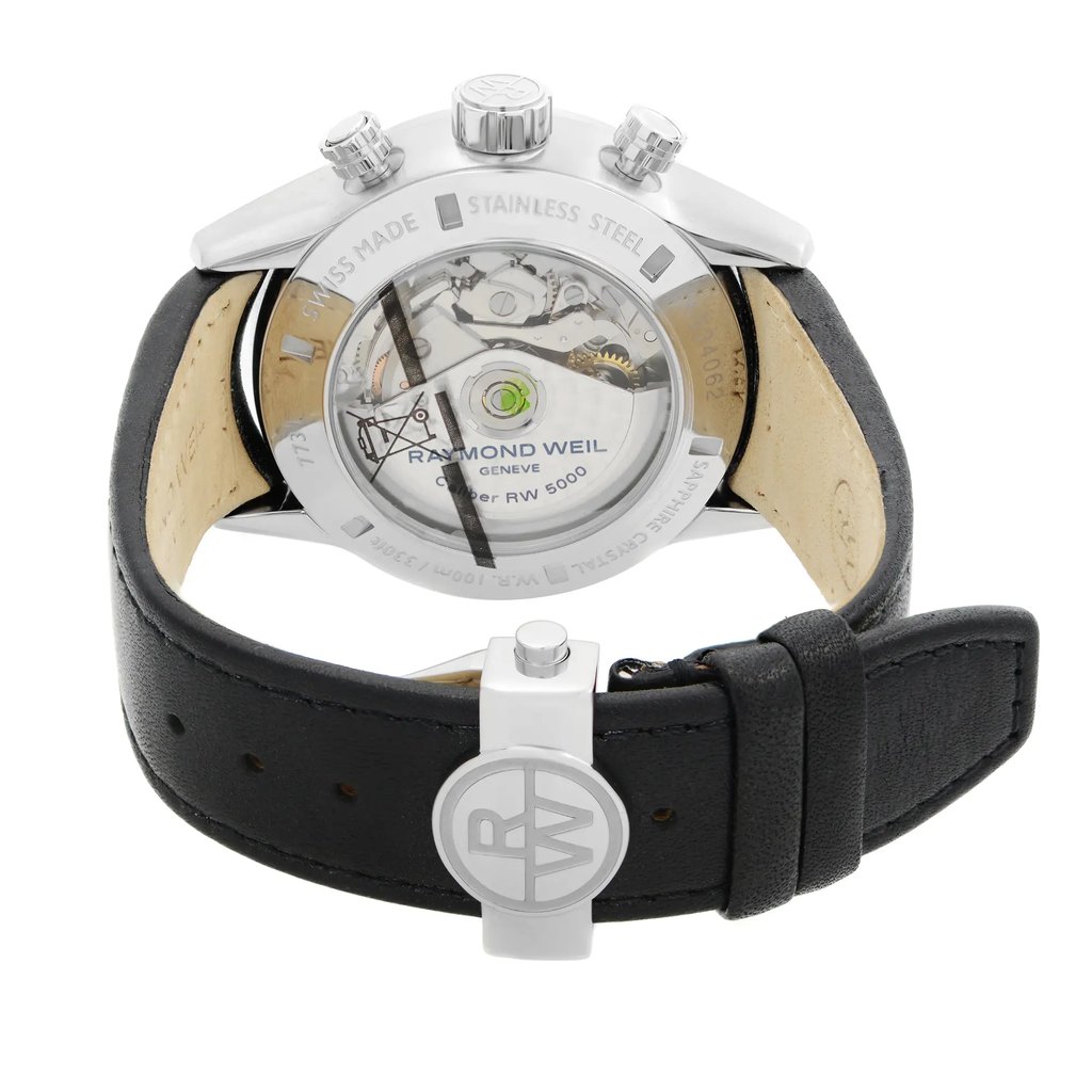 Back View Of Exhibition Back Case And Closed Leather Band Of RAYMOND WEIL 7731-STC-20021 Watch Display Model Condition