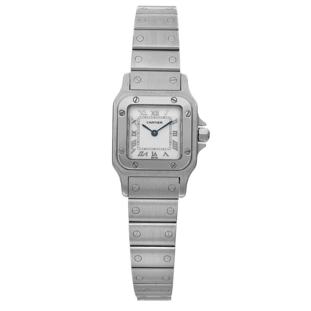 An image of a pre-owned Cartier luxury wristwatch for women, presented in a full frontal view. The watch features a square stainless steel case and band, with a white dial and gray bezel. Roman numerals indicate the 12-hour dial. The watch shows minor signs of wear and is classified in excellent condition. The photo is taken from a front angle and at a close distance, providing a clear view of the watch's design and condition.