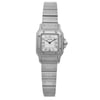 An image of a pre-owned Cartier luxury wristwatch for women, presented in a full frontal view. The watch features a square stainless steel case and band, with a white dial and gray bezel. Roman numerals indicate the 12-hour dial. The watch shows minor signs of wear and is classified in excellent condition. The photo is taken from a front angle and at a close distance, providing a clear view of the watch's design and condition.
