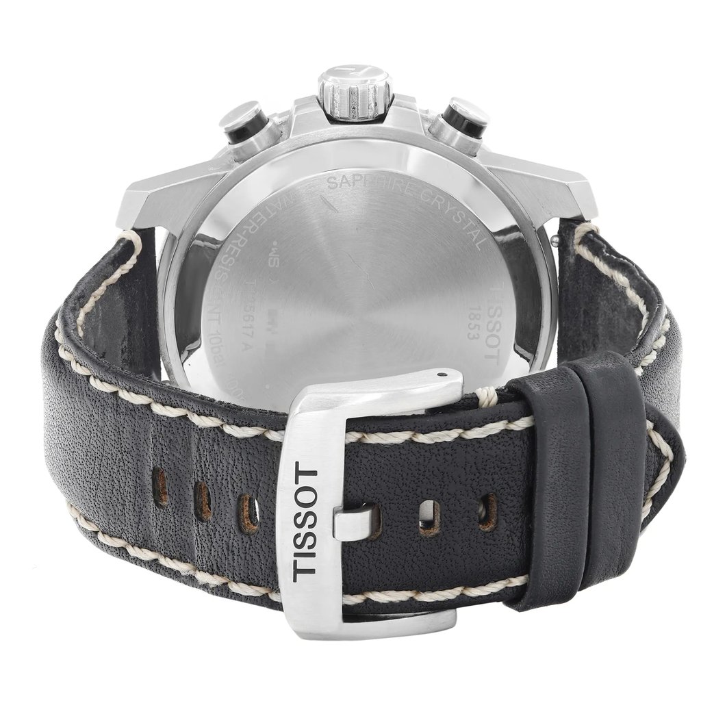 Back View Of Snap Back Case And Closed Leather Band Of Tissot T1256171605100 Watch Pre Owned Condition