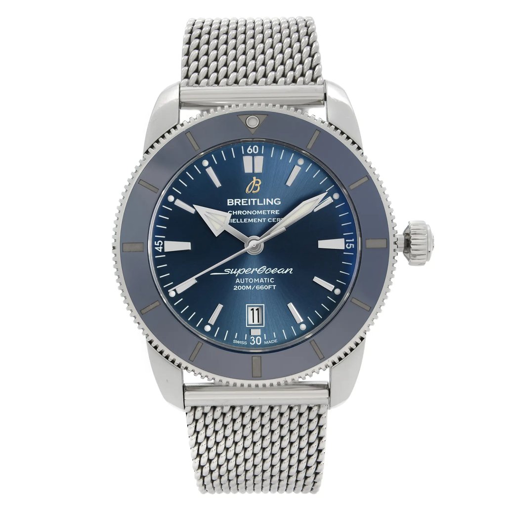 An image of a pre-owned Breitling men's wristwatch with a diver and luxury style, presented in a full frontal view. The watch features a round stainless steel case and a sunburst blue dial with non-numeric hour marks, stick indexes, and a second hand. It has a blue bezel and is attached to a stainless steel band. The watch is positioned centrally against a plain background, with the camera angle directly facing the watch face, capturing the entire watch at a close distance to show detail. The watch is pre-owned and may have minor signs of wear on the watch.
