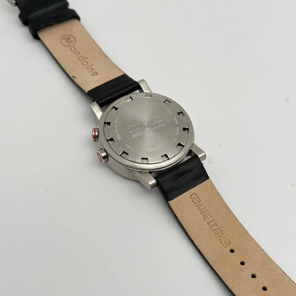 Back View Of Solid Back Case And Closed Leather Band Of Mondaine A468.30352.14SBB Watch Pre Owned Condition