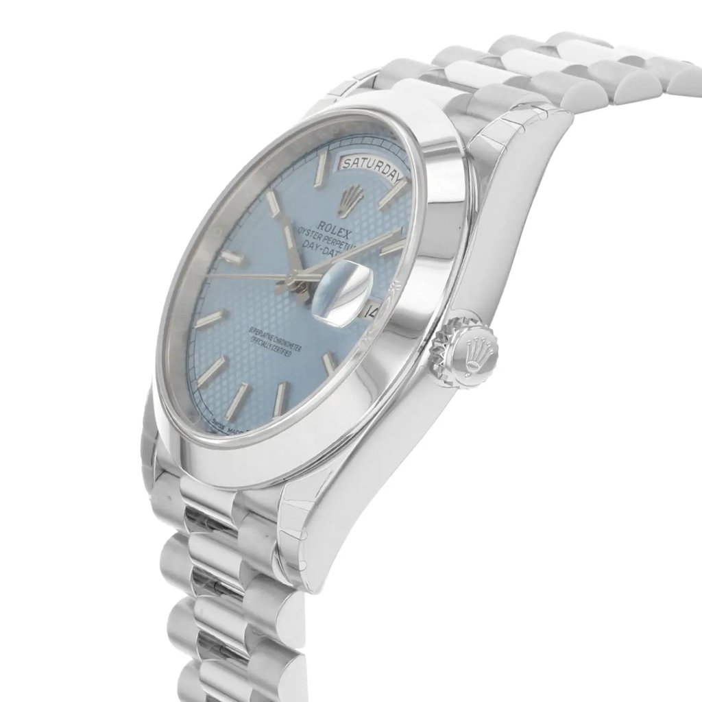View Of Crown Facing Side Of Rolex 228206IBLSP Platinum Watch Pre Owned Condition