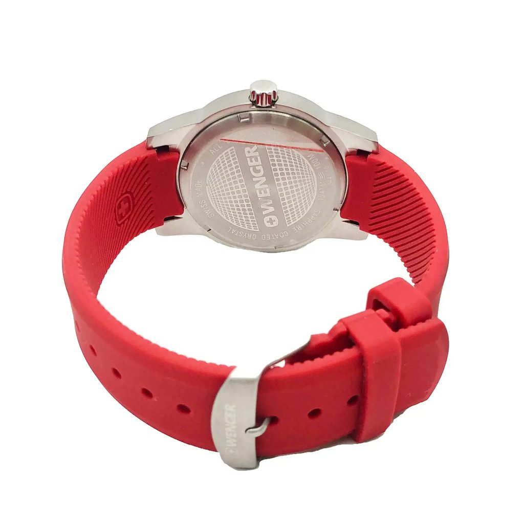 Back View Of Screwback Back Case And Closed Rubber,Silicone Band Of Wenger 0441.142 Watch Display Model Condition