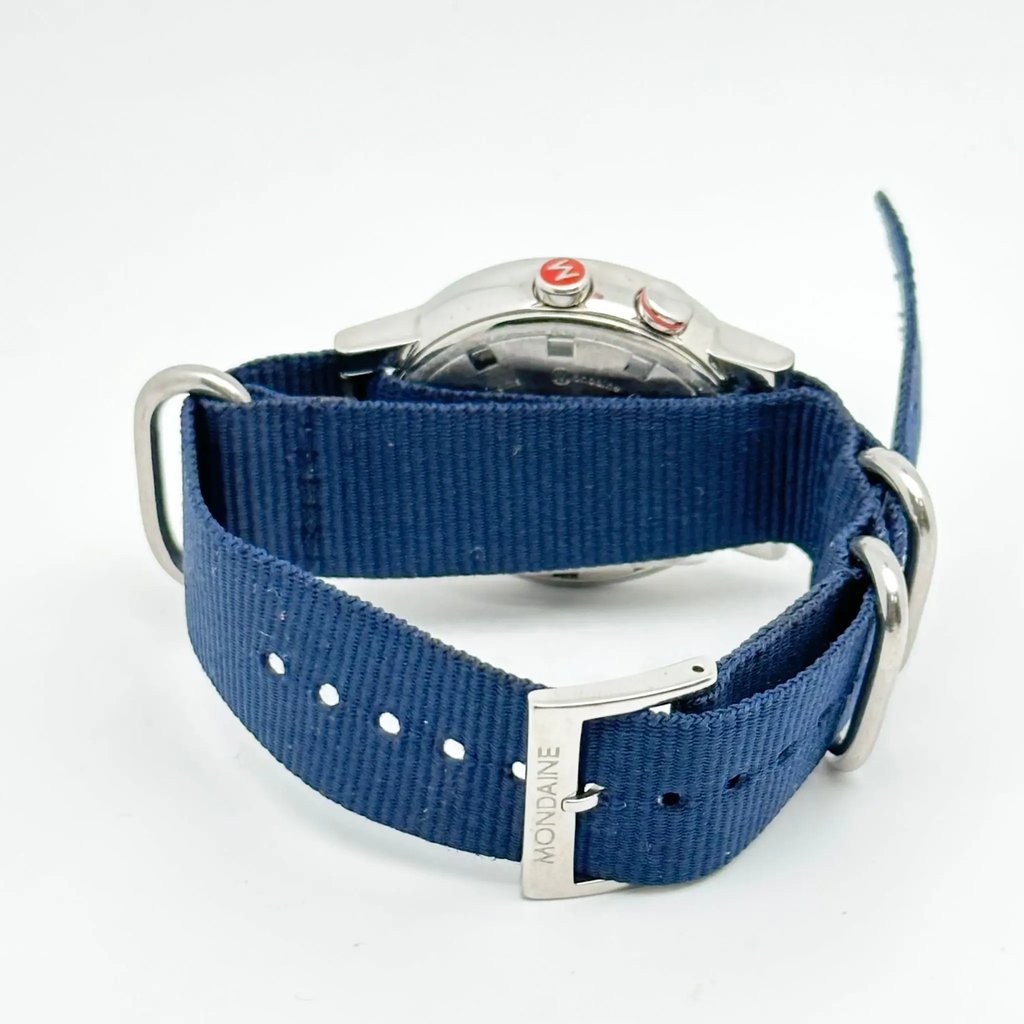 Back View Of Solid Back Case And Closed Nylon Band Of Mondaine A468.30352.11SND Watch Pre Owned Condition