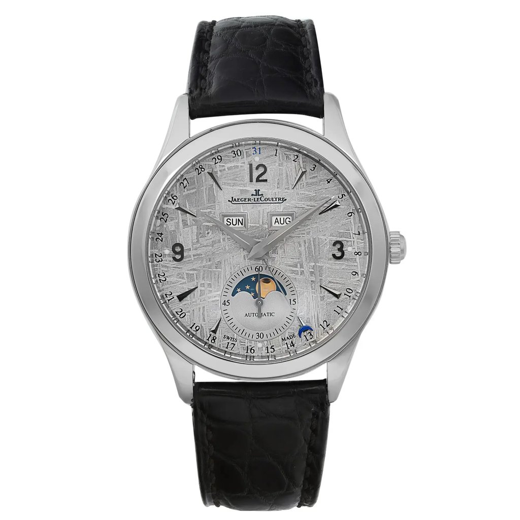 An image of a pre-owned Jaeger-LeCoultre luxury men's wristwatch in excellent condition. The watch is presented in a full frontal view showing a round stainless steel case and a silver meteorite dial with gray bezel. It features Arabic numerals, stick indexes, and a 12-hour dial, as well as a moon phase display and a small seconds subdial. A black leather band is attached, and the watch has light signs of wear or scratches. The angle of the image is direct and centered, with the watch occupying the majority of the frame, providing a clear and detailed view of the watch's design and features.
