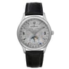 An image of a pre-owned Jaeger-LeCoultre luxury men's wristwatch in excellent condition. The watch is presented in a full frontal view showing a round stainless steel case and a silver meteorite dial with gray bezel. It features Arabic numerals, stick indexes, and a 12-hour dial, as well as a moon phase display and a small seconds subdial. A black leather band is attached, and the watch has light signs of wear or scratches. The angle of the image is direct and centered, with the watch occupying the majority of the frame, providing a clear and detailed view of the watch's design and features.