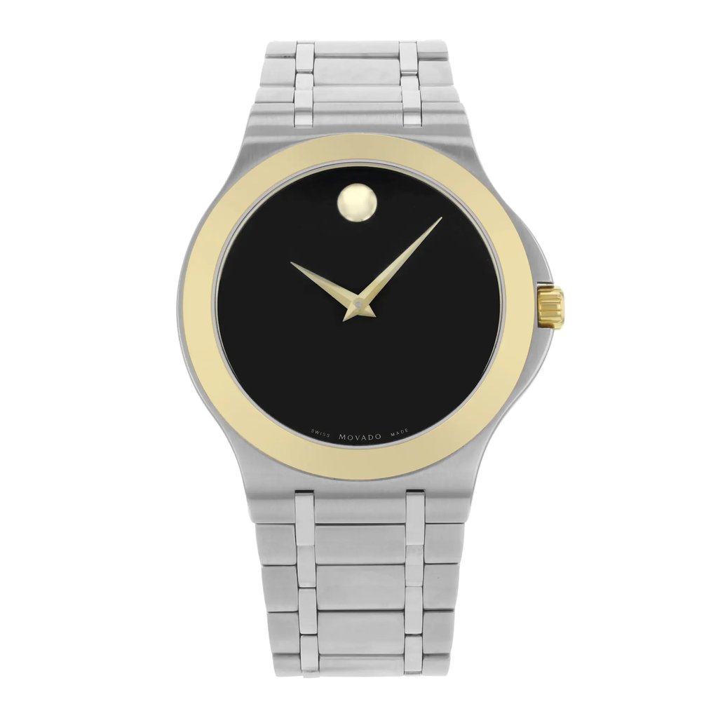 An image of a pre-owned wristwatch captured from a front full frontal view. The watch features a sleek black dial with a single dot at the 12 o'clock position and minimalist hands. It is encased in a silver body with a gold-toned bezel and crown. The metal link bracelet complements the overall design. The image is taken from a close distance, highlighting the watch's elegant features.