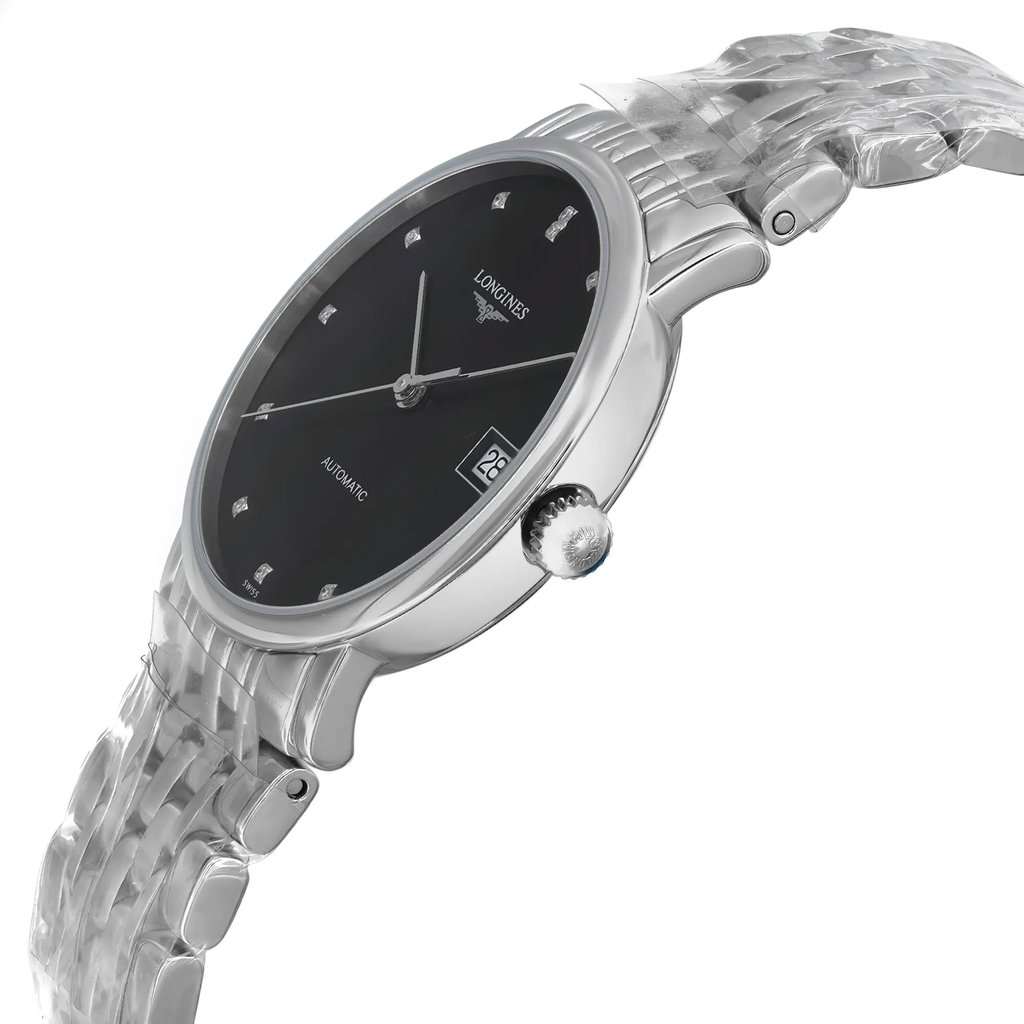 An image of a side profile view of an unworn Longines women's wristwatch, positioned at a slight angle to show the crown. The watch features a round stainless steel case with a gray bezel, a black dial with a date indicator, and a stainless steel band. The watch's casual style and clear features are captured from a close distance, emphasizing the watch's elegant design.