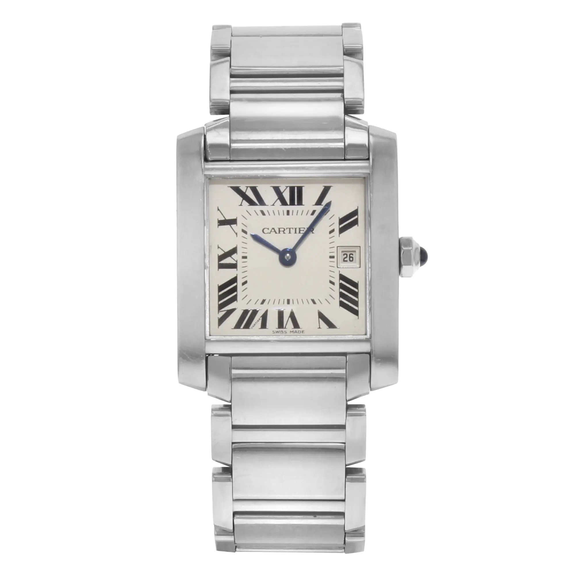 An image of a pre-owned women's Cartier Tank Francaise 25mm stainless steel quartz midsize wristwatch, captured from a straight-on angle at a close distance. The watch features a rectangular stainless steel case and a matching bracelet. The dial displays Roman numerals with a date indicator at the 3 o'clock position. The watch hands are a deep blue, contrasting elegantly with the light-colored face.