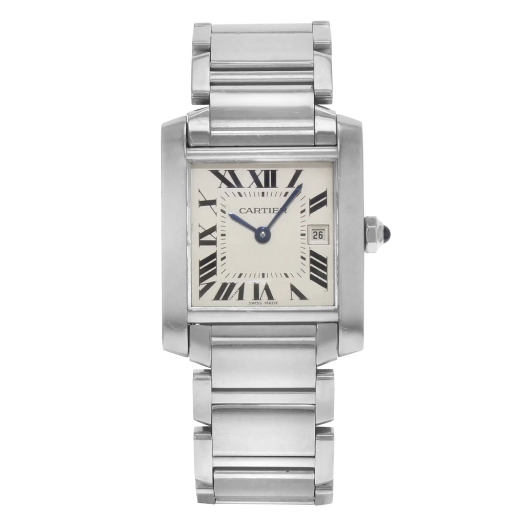An image of a pre-owned women's Cartier Tank Francaise 25mm stainless steel quartz midsize wristwatch, captured from a straight-on angle at a close distance. The watch features a rectangular stainless steel case and a matching bracelet. The dial displays Roman numerals with a date indicator at the 3 o'clock position. The watch hands are a deep blue, contrasting elegantly with the light-colored face.