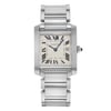 An image of a pre-owned women's Cartier Tank Francaise 25mm stainless steel quartz midsize wristwatch, captured from a straight-on angle at a close distance. The watch features a rectangular stainless steel case and a matching bracelet. The dial displays Roman numerals with a date indicator at the 3 o'clock position. The watch hands are a deep blue, contrasting elegantly with the light-colored face.