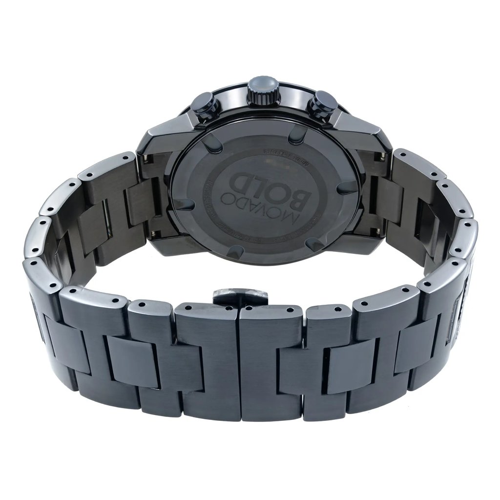 An image of a pre-owned wristwatch taken from the back view, showcasing the open clasp. The shot is at a close distance, highlighting the metallic links of the band and the engraved details on the watch's back case. The angle focuses on the craftsmanship and design of the bracelet and clasp mechanism.