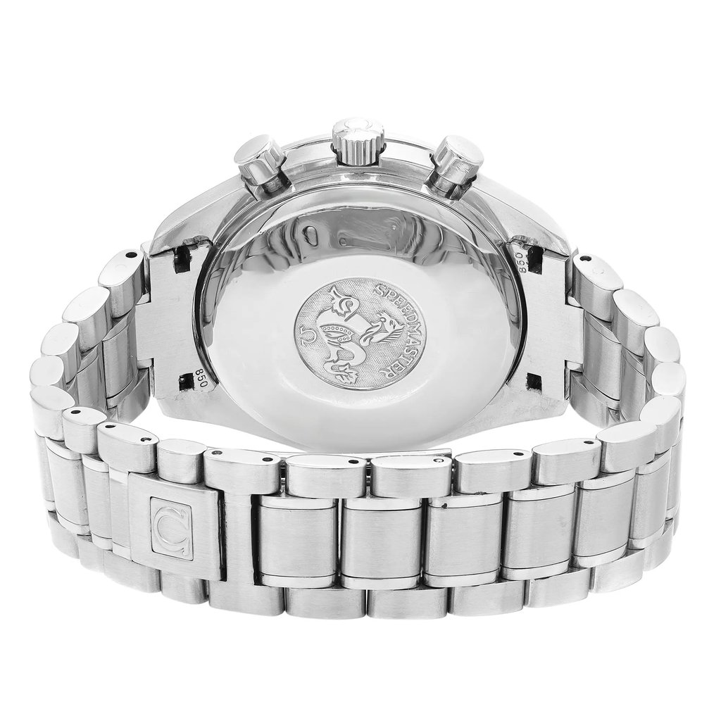 Back View Of Solid Back Case And Closed Stainless Steel Band Of OMEGA 3520.50.00 Watch Pre Owned Condition