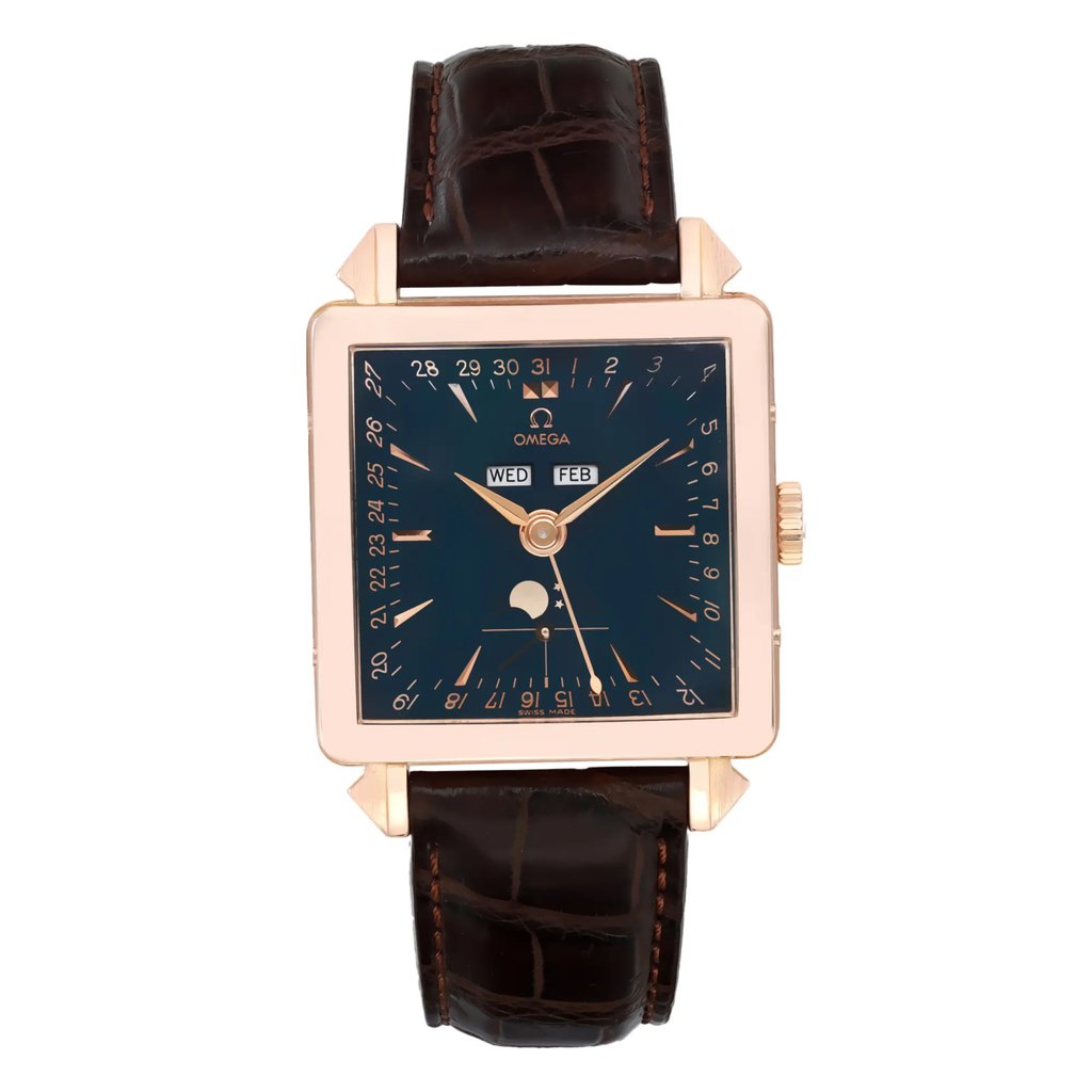 Front Full View Of OMEGA 5701.80.03 Rose Gold Watch Pre Owned Condition Excellent