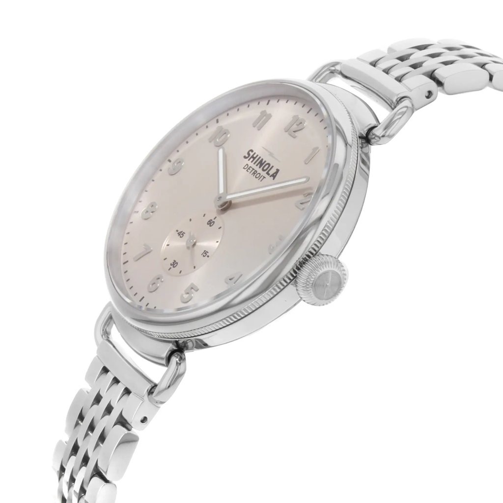 View Of Crown Facing Side Of Shinola S0120004466 Stainless Steel Watch Pre Owned Condition
