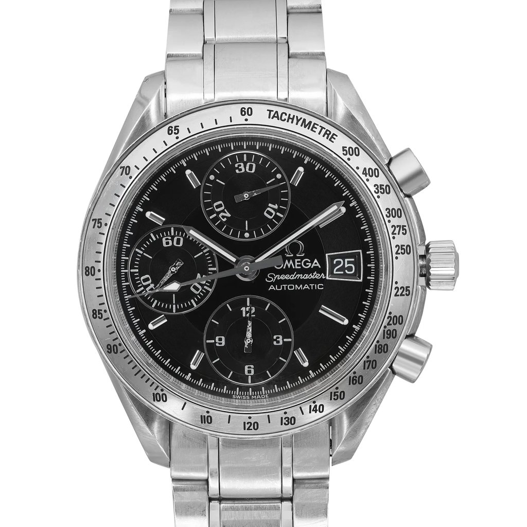 An image of a pre-owned wristwatch taken from a front close-up angle, focusing on the watch face. The watch features a black dial with multiple sub-dials, silver hour markers, and a date display. The stainless steel bezel is marked with a tachymeter scale, and the watch has a metal bracelet. The brand name is visible on the dial.