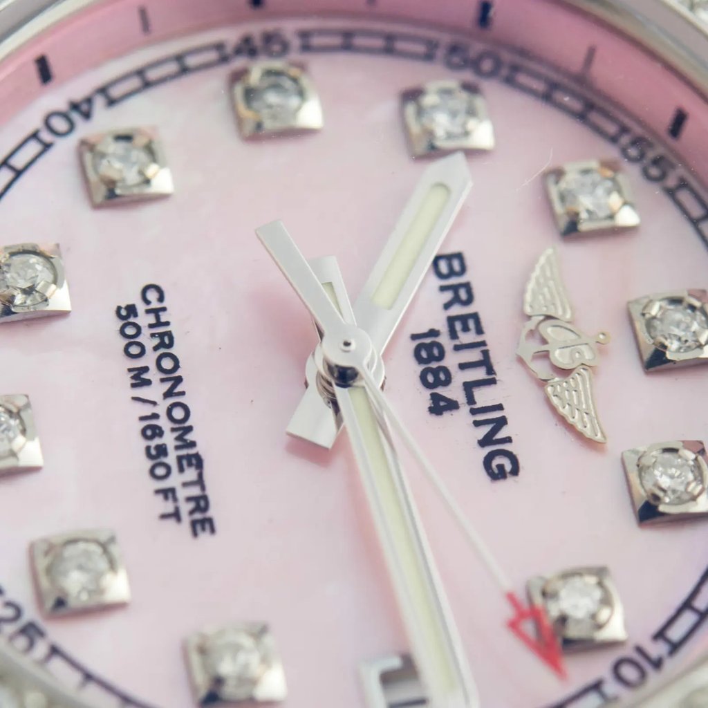 Up Close Front Facing Picture Of Breitling A77387 Stainless Steel Watch Pre Owned Condition