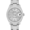 An image of a pre-owned women's Rolex wristwatch, taken from a front-facing angle at a close distance. The watch features a stainless steel bracelet and a silver dial with stick hour markers. The date is displayed at the 3 o'clock position, and the watch has the classic Rolex crown logo at the 12 o'clock position. The overall design is sleek and elegant, showcasing the watch's timeless style.