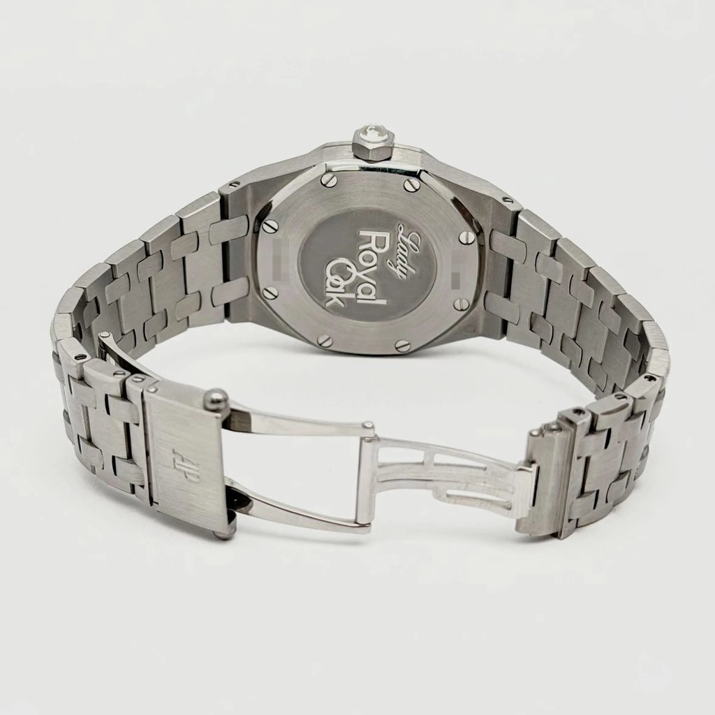 Back View Of Screwback Back Case And Open Stainless Steel Band Of Audemars Piguet 67601ST Watch Pre Owned Condition