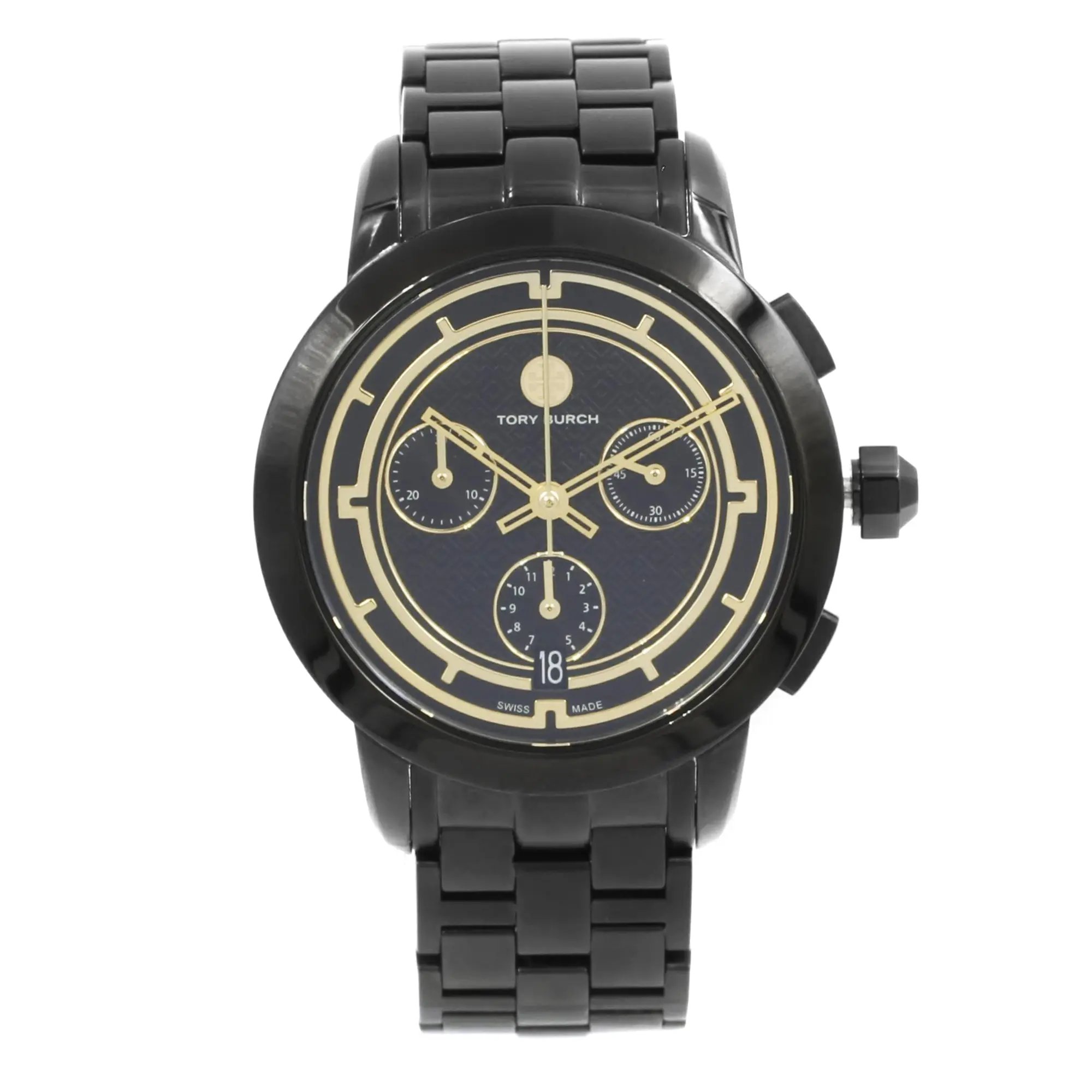 An image of a Wristwatch by Tory Burch. This Pre Owned item is designed for Women, featuring a Casual,Dress/Formal style. It has a Quartz movement and an Analog display with a Black dial color. The indices include Sticks. The band is made of Stainless Steel and the case is made of Stainless Steel. The watch has a Round shape with a case size of 37 mm and a case thickness of 10 mm.