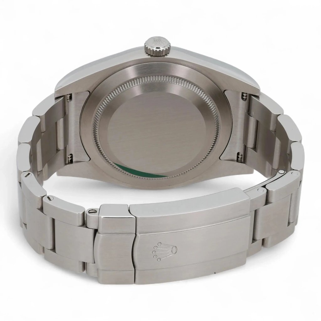 Back View Of Solid Back Case And Closed Stainless Steel Band Of Rolex 114300 Watch Pre Owned Condition