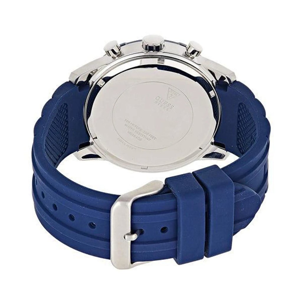 Back View Of Solid Back Case And Closed Silicone Band Of GUESS W0864G6 Watch Display Model Condition