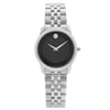 An image of a Wristwatch by Movado. This Display Model item is designed for Women, featuring a Dress/Formal style. It has a Quartz movement and an Analog display with a Black dial color. The indices include 12-Hour Dial,No Hour Marks. The band is made of Stainless Steel and the case is made of Stainless Steel. The watch has a Round shape with a case size of 28 mm and a case thickness of 6 mm.