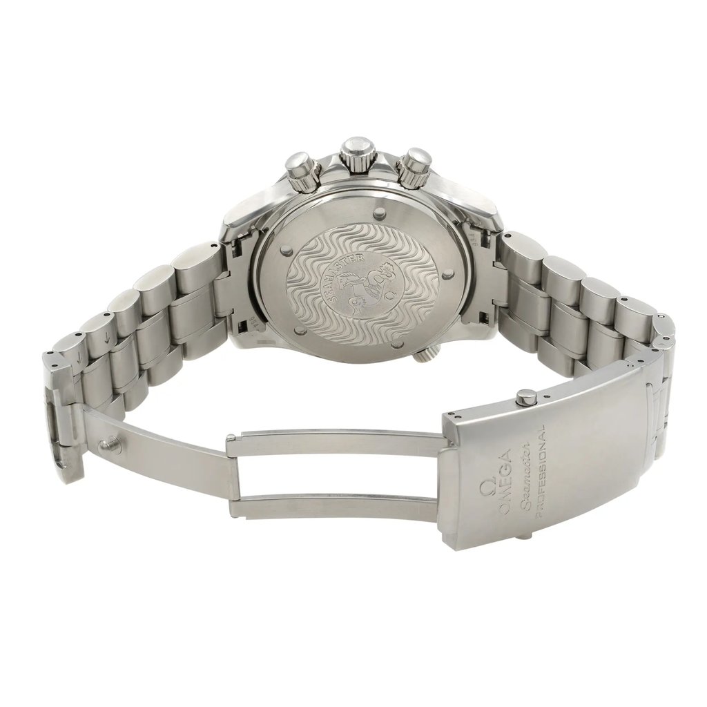 Back View Of Solid Back Case And Open Stainless Steel Band Of OMEGA 2594.50.00 Watch Pre Owned Condition
