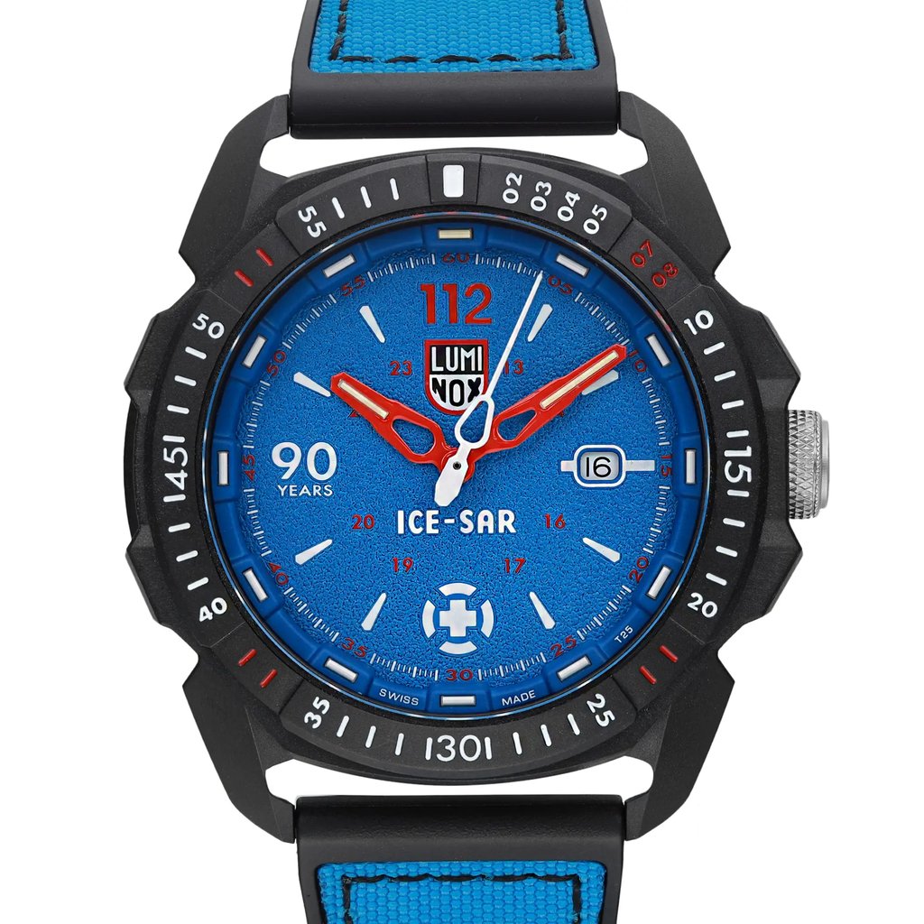 An image of a Wristwatch by Luminox. This New With Defects item is designed for Men, featuring a Diver,Military style. It has a Quartz movement and an Analog display with a Blue dial color. The indices include 12-Hour Dial,Arabic Numerals,Stick Indexes. The band is made of Rubber,Textile and the case is made of Carbonox. The watch has a Round shape with a case size of 46 mm and a case thickness of 13 mm.