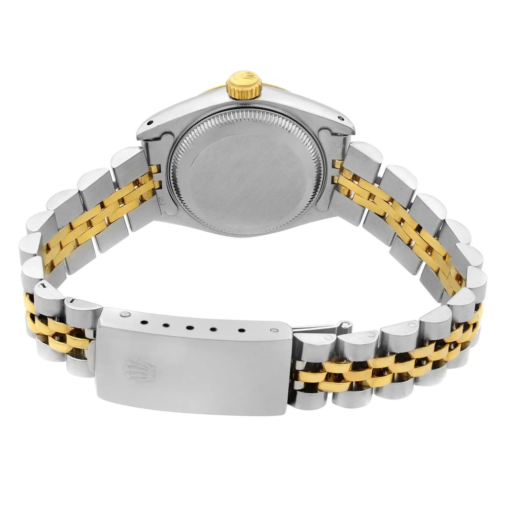 Back View Of {Caseback} Back Case And Closed Stainless and Solid Gold Band Of Rolex 69173 Watch Pre Owned Condition