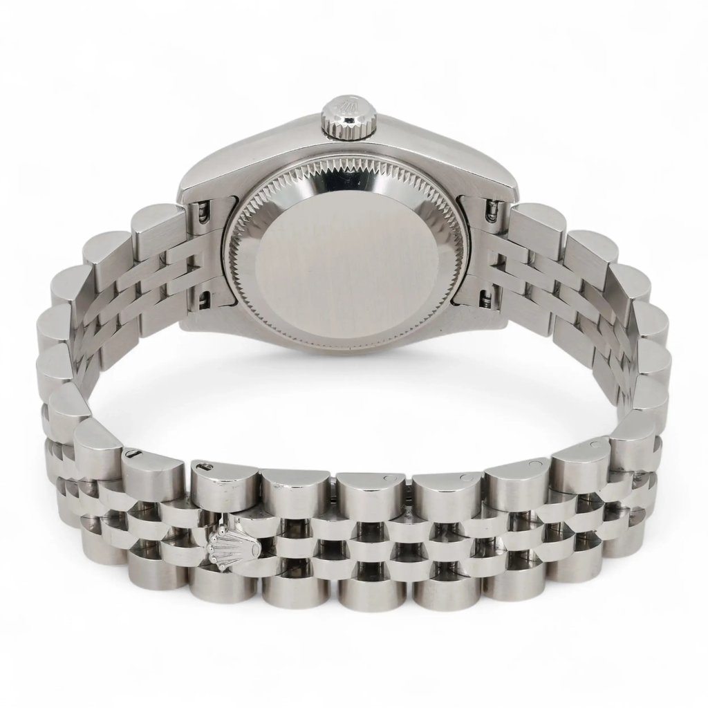 Back View Of Screwback Back Case And Closed Stainless Steel Band Of Rolex  179174 Watch Pre Owned Condition