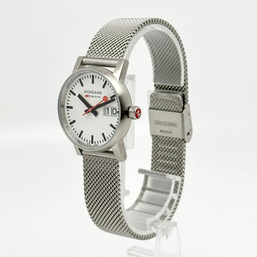 View Of Crown Facing Side Of Mondaine MSE.30210.SM Stainless Steel Watch Display Model Condition