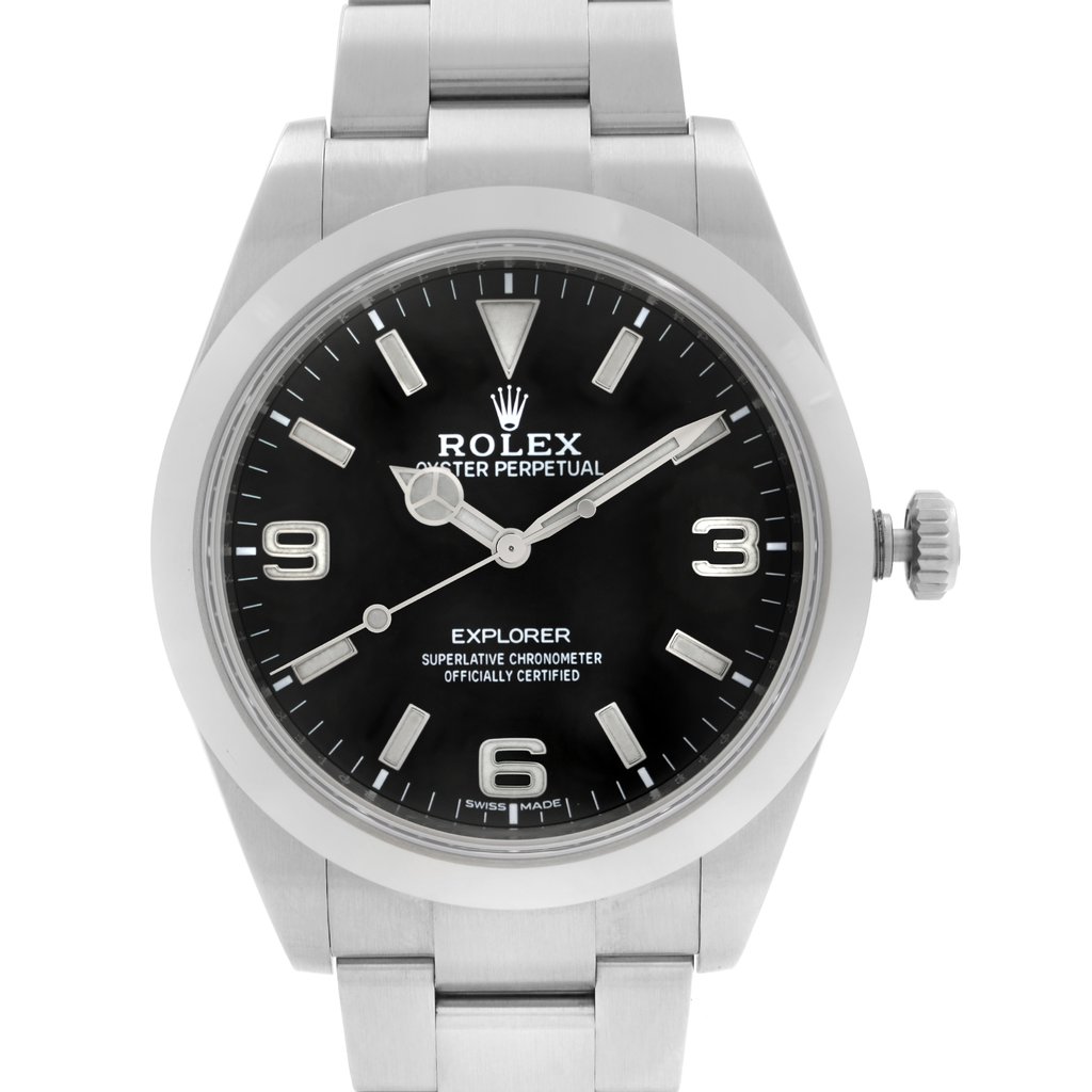 Up Close Front Facing Picture Of Rolex 214270 Stainless Steel Watch Unworn Condition