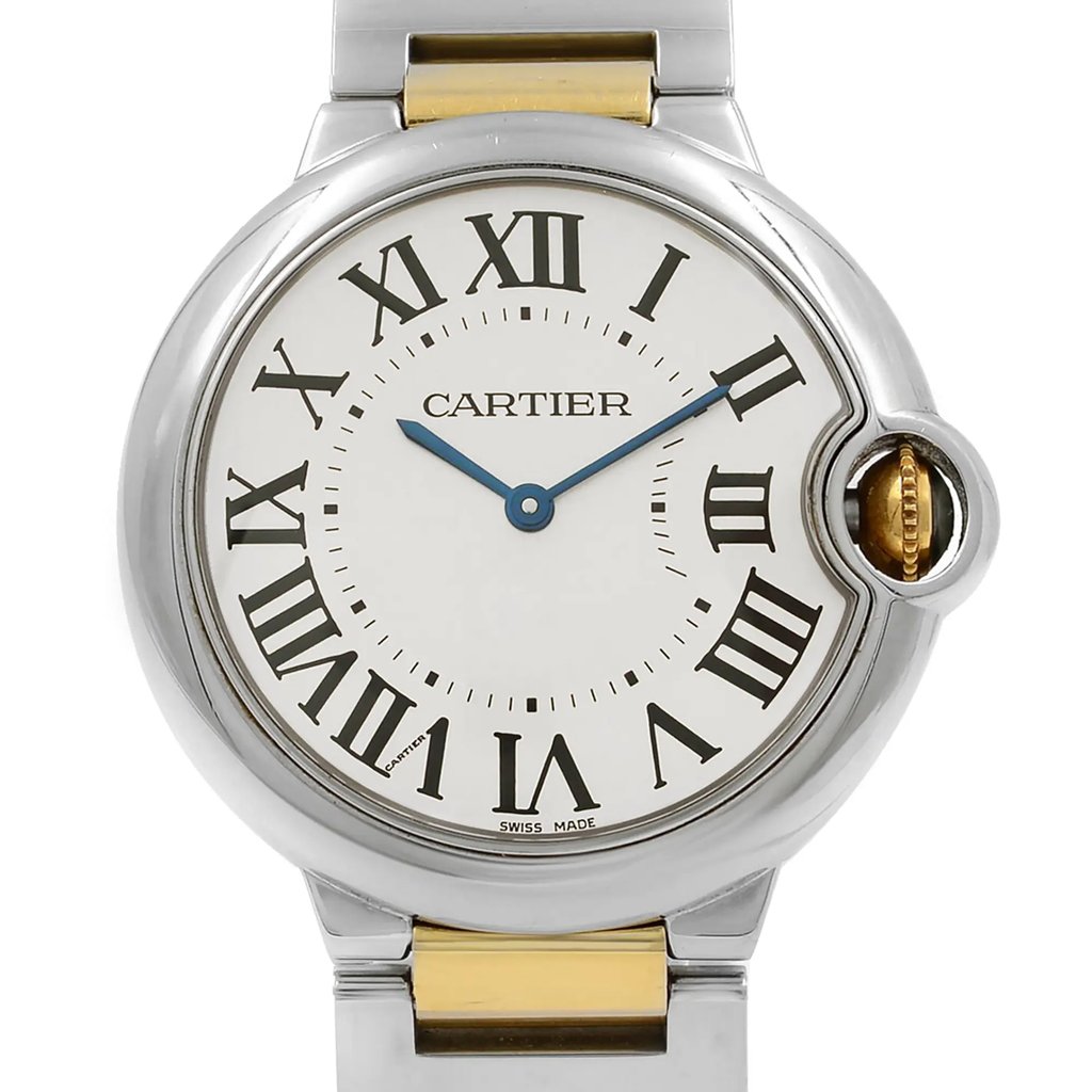 Up Close Front Facing Picture Of Cartier W69008Z3 Stainless Steel Watch Pre Owned Condition
