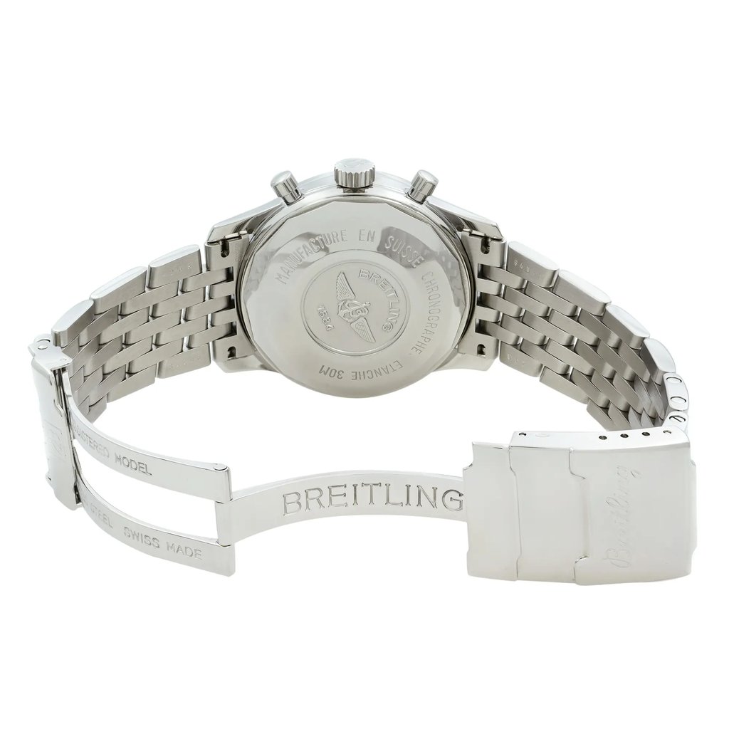 Back View Of Solid Back Case And Open Stainless Steel Band Of Breitling A13024.1 Watch Pre Owned Condition