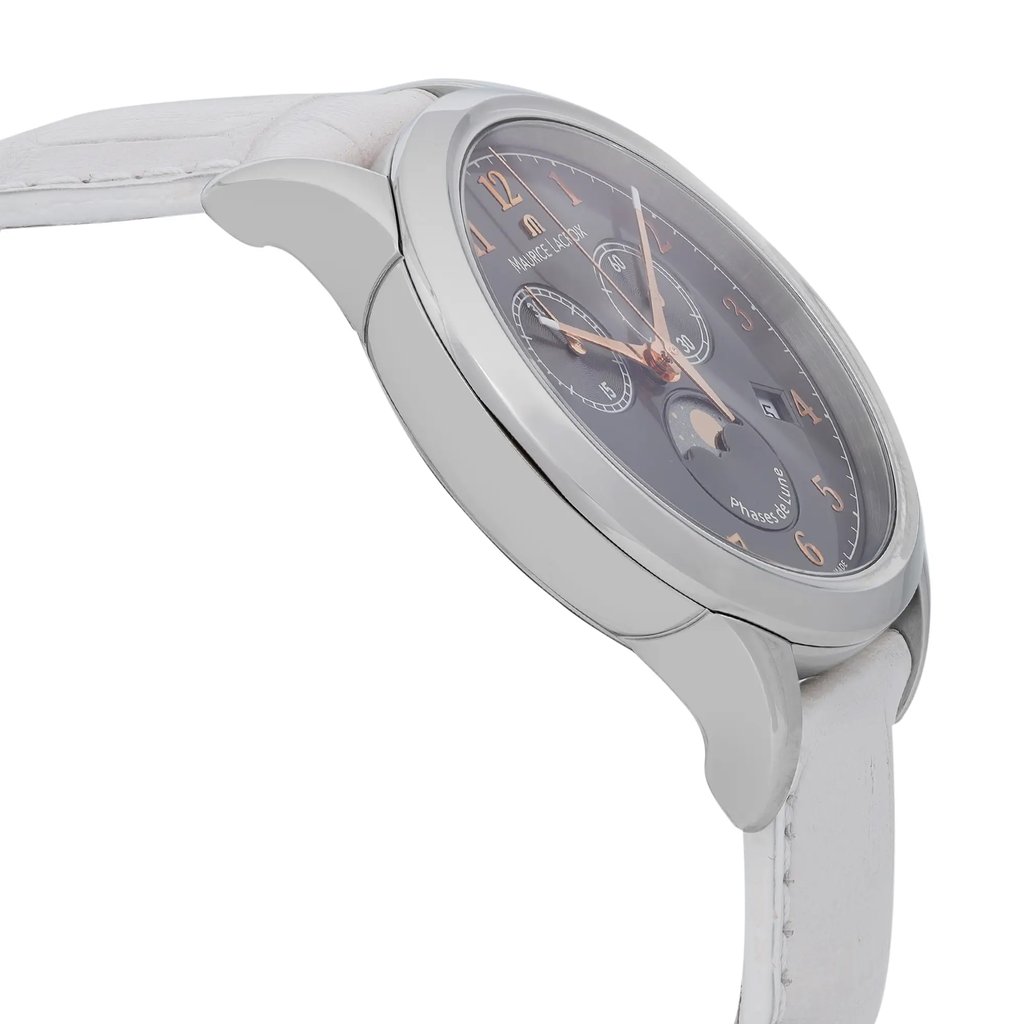 An image of a Wristwatch by Maurice Lacroix. This Unworn item is designed for Unisex Adult, featuring a Dress/Formal style. It has a Quartz movement and an Analog display with a Gray dial color. The indices include 12-Hour Dial,Arabic Numerals. The band is made of Leather and the case is made of Stainless Steel. The watch has a Round shape with a case size of 38 mm and a case thickness of 10 mm.
