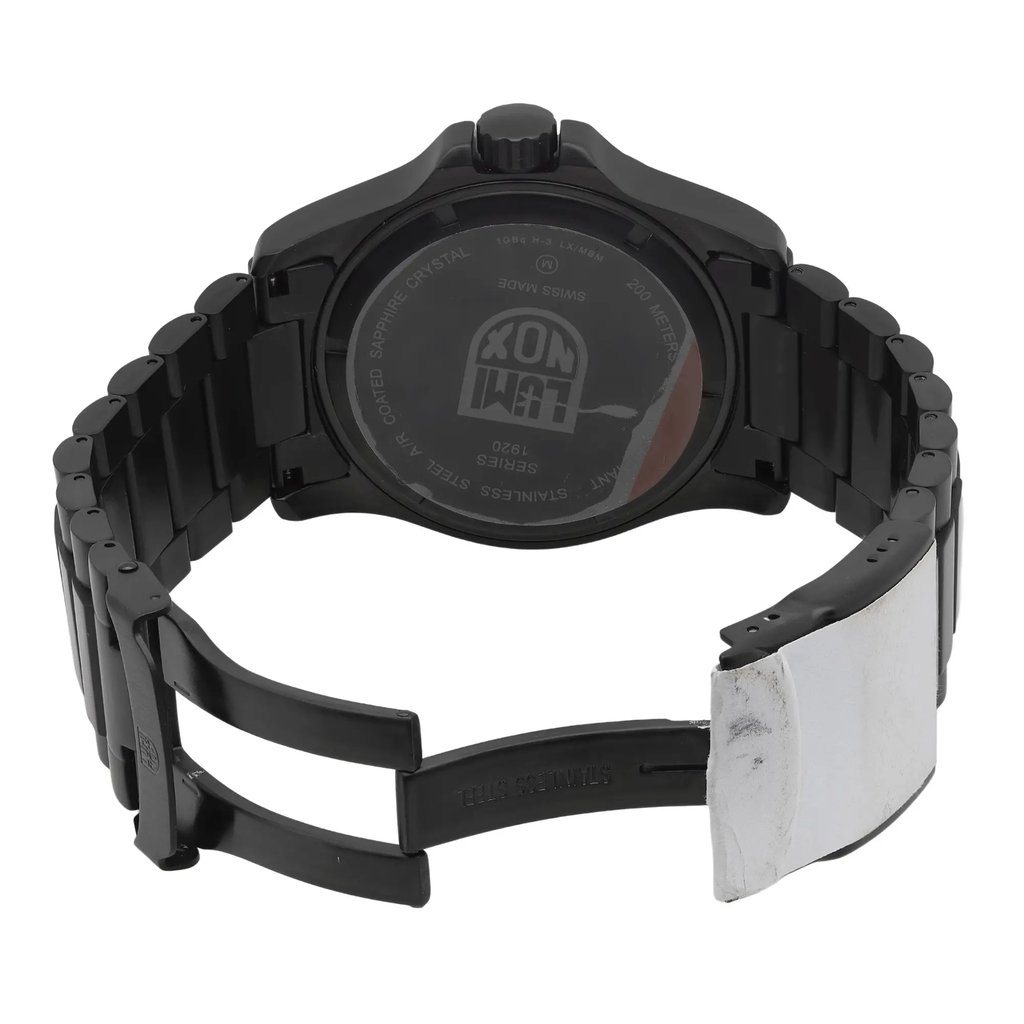 An image of a Wristwatch by Luminox. This New With Defects item is designed for Men, featuring a Dress/Formal style. It has a Quartz movement and an Analog display with a Black dial color. The indices include 12-Hour Dial,Arabic Numerals. The band is made of Stainless Steel and the case is made of Stainless Steel. The watch has a Round shape with a case size of 45 mm and a case thickness of 12 mm.