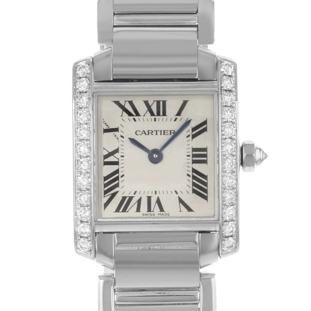Up Close Front Facing Picture Of Cartier WE1002S3 White Gold Watch Unworn Condition
