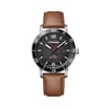 An image of a Wristwatch by Wenger. This Display Model item is designed for Men, featuring a Sport style. It has a Quartz movement and an Analog display with a Black dial color. The indices include 12-Hour Dial,Arabic Numerals,Stick Indexes. The band is made of Leather and the case is made of Stainless Steel. The watch has a Round shape with a case size of 45 mm and a case thickness of 12 mm.