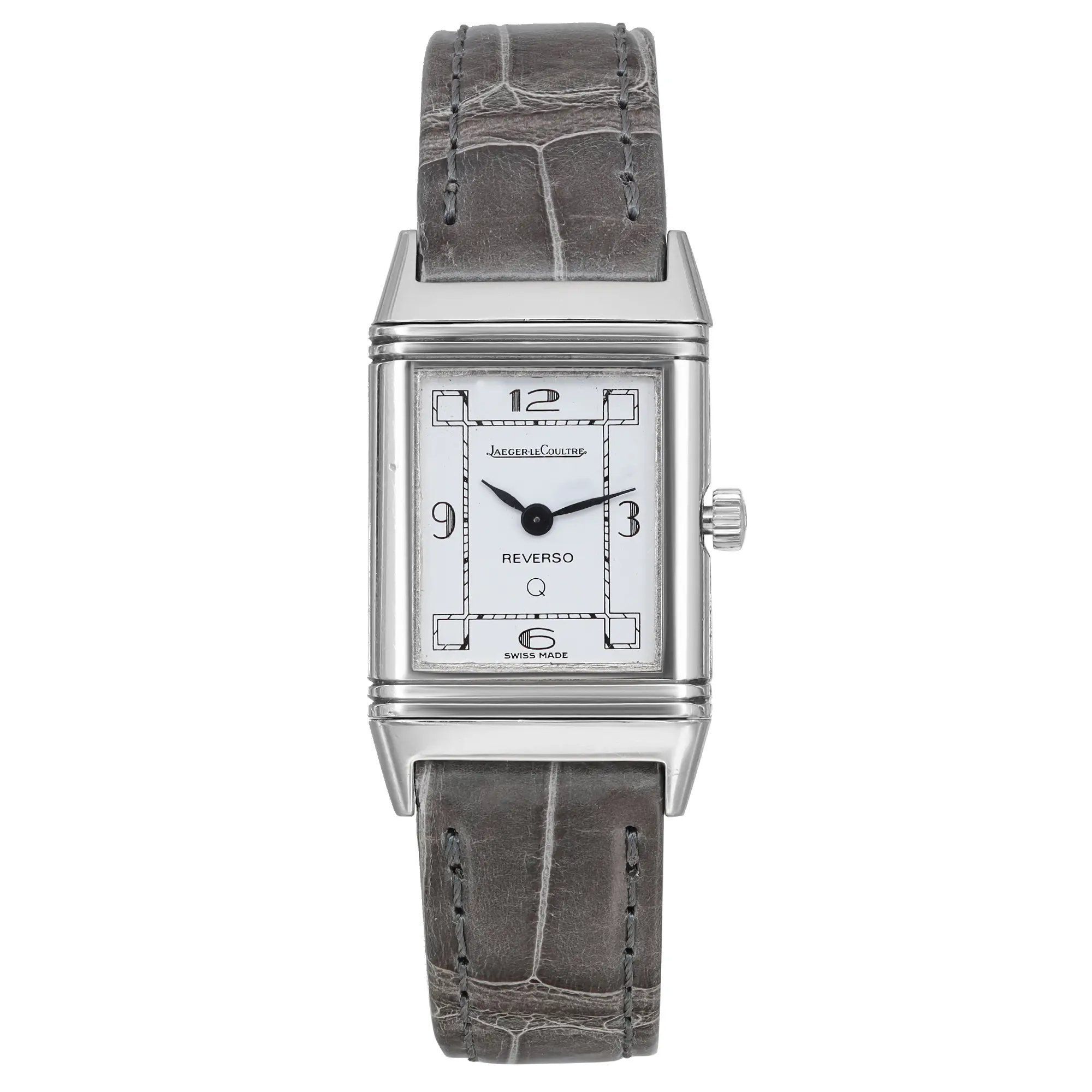 An image of a pre-owned wristwatch taken from a full frontal view. The watch features a rectangular face with a silver-toned frame and a white dial. It has black hour markers at the 12, 3, 6, and 9 positions and black hands. The watch is attached to a textured gray leather strap. The image is captured from a close distance, emphasizing the details of the watch's design.