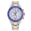 An image of a pre-owned wristwatch taken from a front full frontal view. The watch features a two-tone metal bracelet with a combination of silver and gold links. The watch face is predominantly white with a blue bezel, displaying gold numerals and the text "Yacht-Master." The watch is positioned upright, centered, and photographed from a close distance.