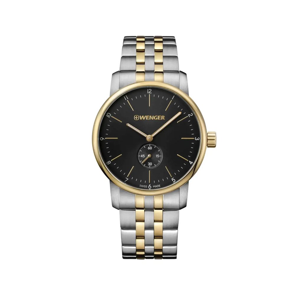An image of a Wristwatch by Wenger. This Display Model item is designed for Men, featuring a Dress/Formal style. It has a Quartz movement and an Analog display with a Black dial color. The indices include 12-Hour Dial,Arabic Numerals,Stick Indexes. The band is made of Stainless Steel and the case is made of Stainless Steel. The watch has a Round shape with a case size of 42 mm and a case thickness of 10 mm.