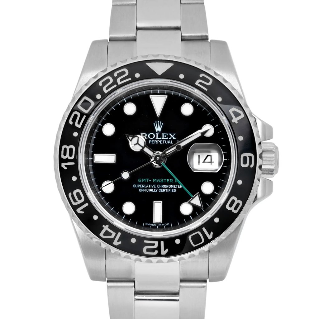 Up Close Front Facing Picture Of Rolex 116710LN Stainless Steel Watch Pre Owned Condition