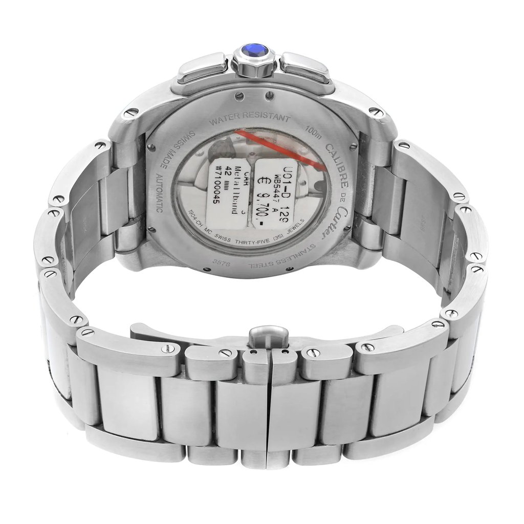 An image of a pre-owned Cartier men's wristwatch, viewed from the back showing the closed clasp and exhibition caseback. The stainless steel round case and band are captured at a direct angle and close distance, emphasizing the watch's construction and design details.