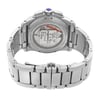 An image of a pre-owned Cartier men's wristwatch, viewed from the back showing the closed clasp and exhibition caseback. The stainless steel round case and band are captured at a direct angle and close distance, emphasizing the watch's construction and design details.