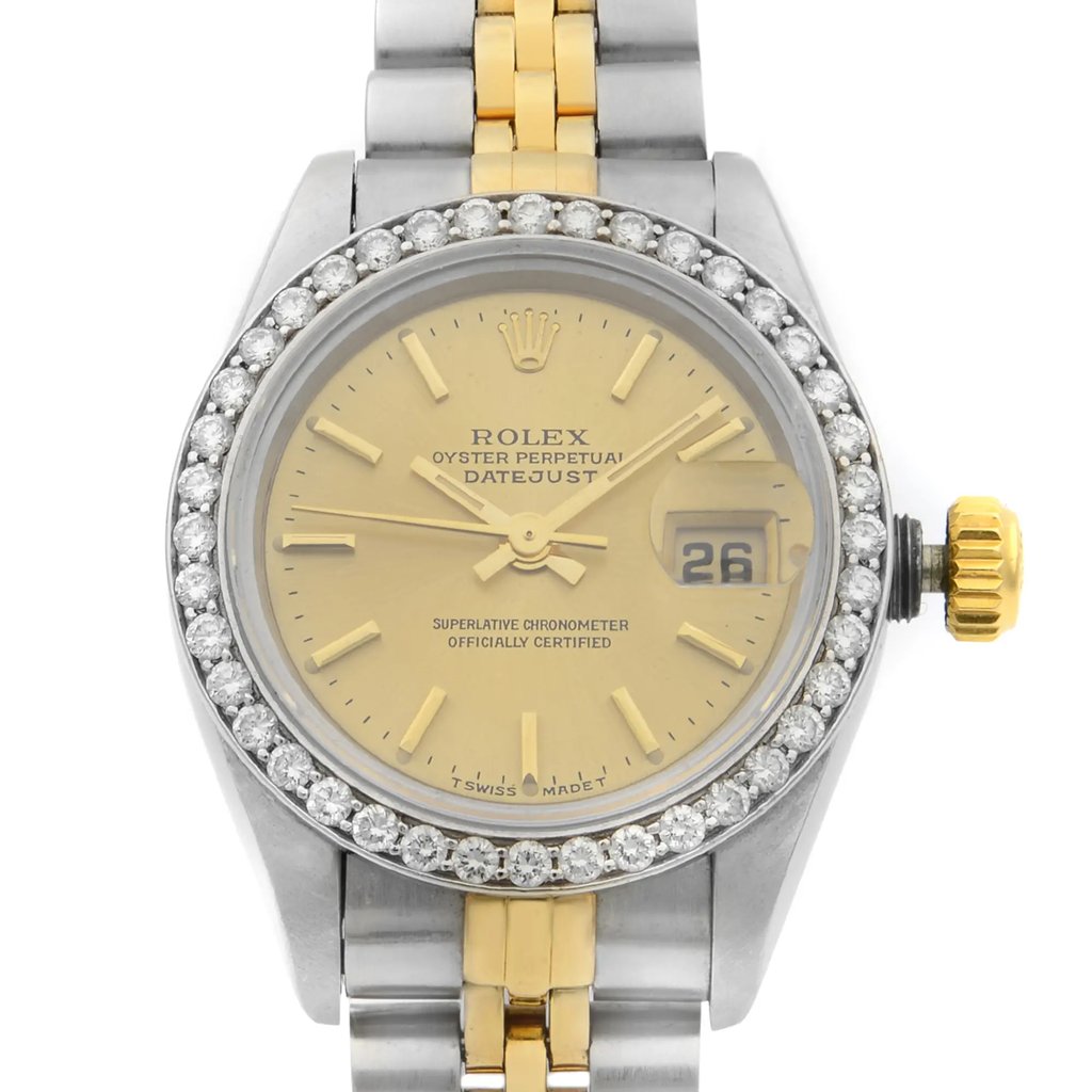 Up Close Front Facing Picture Of Rolex 69173 Stainless Steel Watch Pre Owned Condition